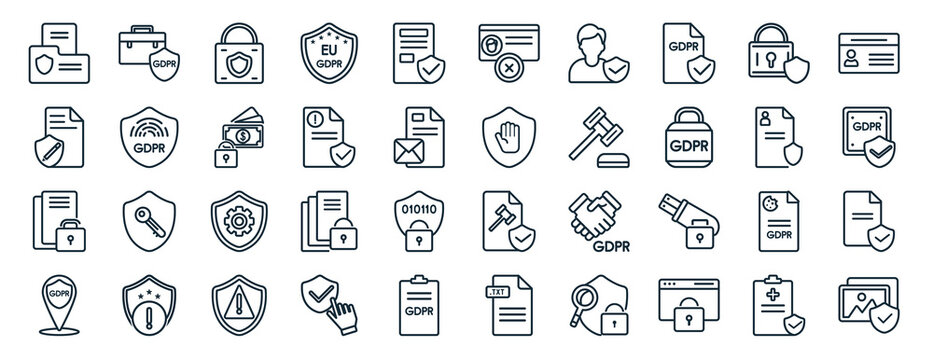 set of 40 flat gdpr web icons in line style such as portfolio, rectification, right to access, address, account, id card, delete icons for report, presentation, diagram, web design