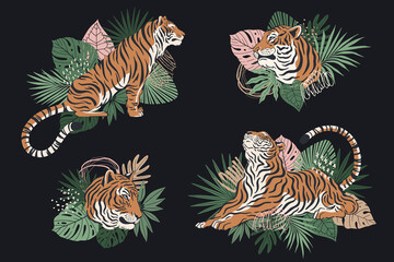 Set of silhouette tiger illustrations with palm leaves. Collection of symbols 2022. Chinese zodiac symbols of modern style and trendy colors. Vector tigers for greeting cards and happy new year