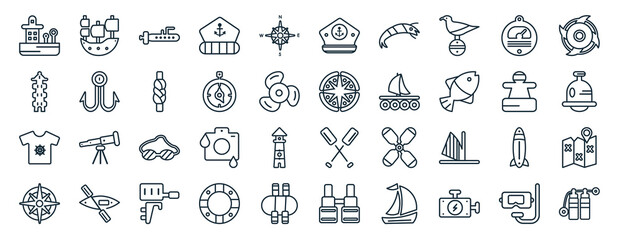 set of 40 flat nautical web icons in line style such as old galleon, long lighthouse, shirt, wind rose, buoys, ship engine propeller, captain hat icons for report, presentation, diagram, web design