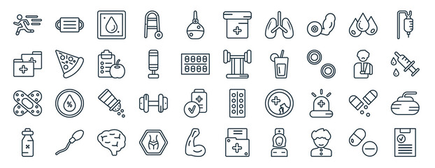 Fototapeta na wymiar set of 40 flat health and medical web icons in line style such as medical mask, medical file, band aid, poisonous, injury, saline, urine icons for report, presentation, diagram, web design