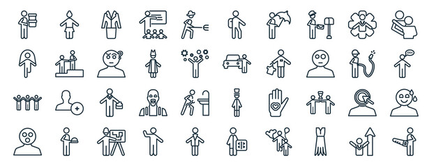 set of 40 flat people web icons in line style such as bridesmaids, playing with a rope, team success, surprised smile, firefighter working, hugging, children in school icons for report,
