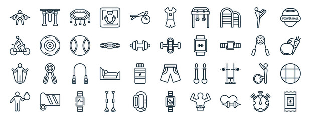 set of 40 flat gym and fitness web icons in line style such as horizontal bar, riding bicycle, skipping rope, lifting weight with right arm, sport expander, power ball, sport wear icons for report,