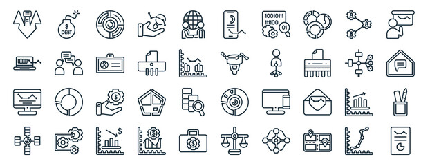 Fototapeta na wymiar set of 40 flat business and analytics web icons in line style such as debt, laptop profits graphics, analytics monitor, database interconnected, data analytics flow, person explaining strategy,