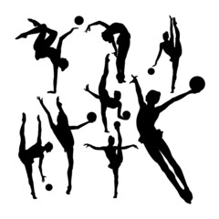 Silhouettes of gymnastics rhythmic performs with ball. Good use for symbol, logo, mascot, icon, sign, or any design you want.