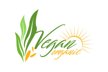 Letter V for Vegan Vegetable Vegetarian Veggie, Check Mark Tips Logo design with Natural Plant Leaf and Sun
