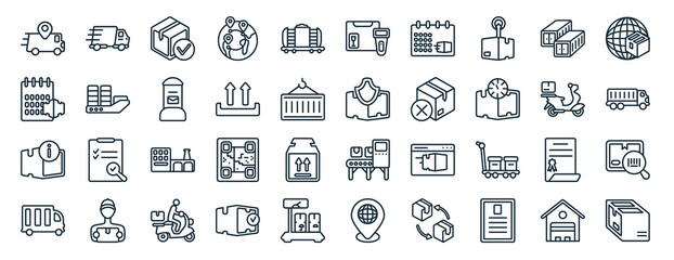 set of 40 flat delivery and logistics web icons in line style such as express delivery, delivery date, info, scooter planet earth, scanner icons for report, presentation, diagram, web design