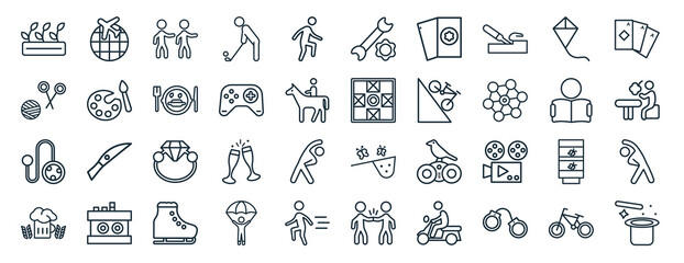 Obraz na płótnie Canvas set of 40 flat outdoor activities web icons in line style such as travelling, yarn ball, yoyo, brewing, boy reading, baccarat, repairing icons for report, presentation, diagram, web design