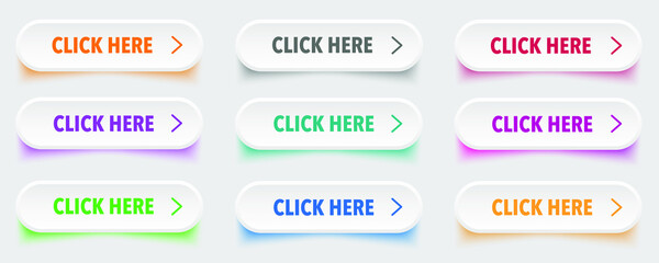 Click here button with arrow pointer clicking icon. Click here vector web button. Web button with action of arrow pointer. Click here, UI button concept. Vector illustration