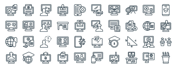 Obraz na płótnie Canvas set of 40 flat e learning and education web icons in line style such as video tutorial, qa, links, distance teacher, learning, mobile learning, blended icons for report, presentation, diagram, web