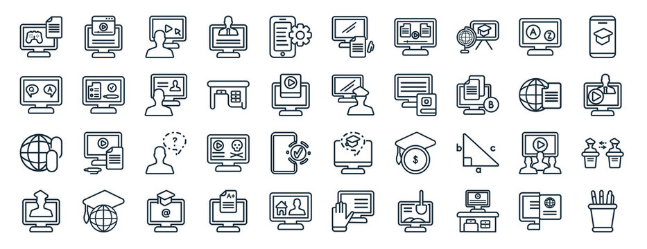 set of 40 flat e learning and education web icons in line style such as video tutorial, qa, links, distance teacher, learning, mobile learning, blended icons for report, presentation, diagram, web