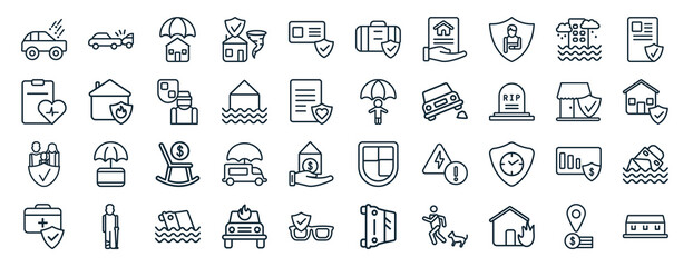 set of 40 flat insurance web icons in line style such as rear end collision, wellness, family insurance, medical insurance, small business license, luggage icons for report, presentation, diagram,