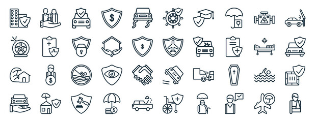 Fototapeta na wymiar set of 40 flat insurance web icons in line style such as family care, puncture in a wheel, tsunami insurance, transport insurance, hospitalization, parking crash, ship icons for report,
