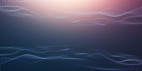 Abstract colorful digital particles wave with bokeh and light background, 3d render wave line dot background, line wave light glowing effect particular background.	