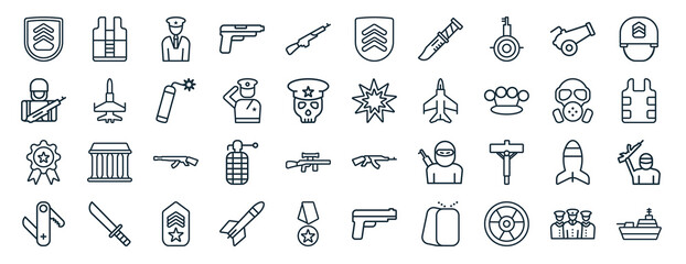 set of 40 flat army web icons in line style such as bulletproof vest, soldiers and a weapon, badge, swiss army knife, gas mask, military helmet, chevrons icons for report, presentation, diagram, web © Digital Bazaar