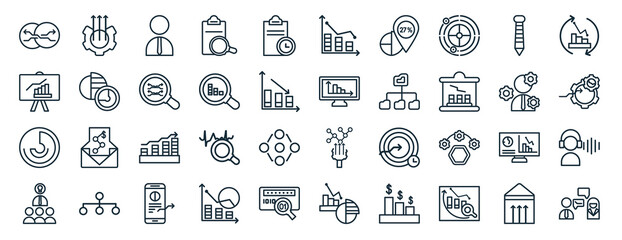 set of 40 flat business web icons in line style such as production, growth, circular chart, leadership, management, synchronization, analytic visualization icons for report, presentation, diagram,