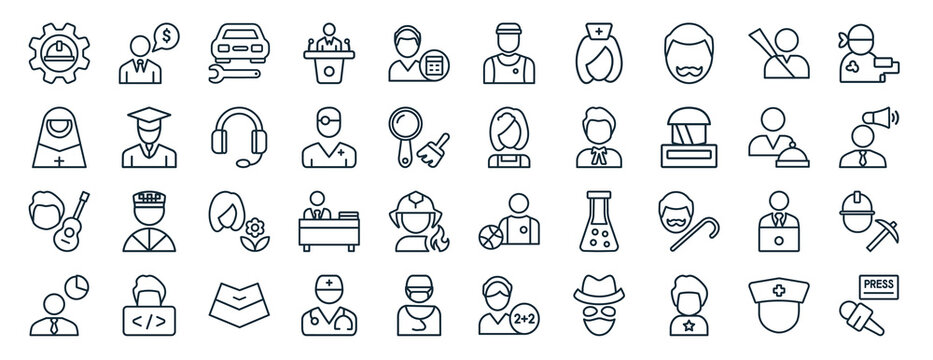 set of 40 flat professions web icons in line style such as financial advisor, nun, musician, statistician, waiter, dyer, athlete icons for report, presentation, diagram, web design