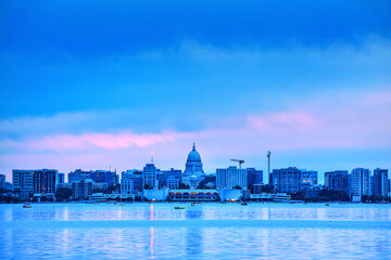 Long exposure at dusk creating a blue cast over Madison Wisconsin across Lake Monona