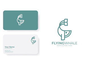 Flying Whale Line Art Logo with Business Card Template in flat Design