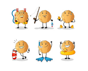 meatball water activity group. cartoon mascot vector