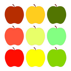 Colored apple icon set. Sweet fruits. Hand art style. Diet food. Healthy snack. Vector illustration. Stock image. 