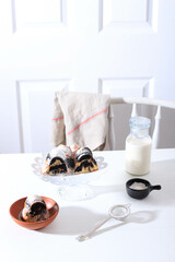 Marble Cake with Coffee with Powder Sugar and Kitchen Vintage Utensil, White Bakery Concept