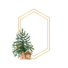 Geometric gold frame with a Christmas tree, candles, holly flowers and winter decor. Watercolor illustration