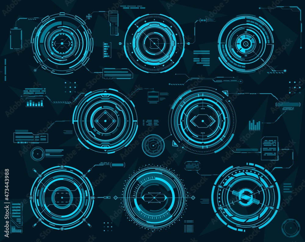 Leinwandbilder HUD futuristic infographic circular interface vector elements, business visual data. HUD UI with digital graphs and chart diagrams, future technology info screen or virtual display dashboard panel