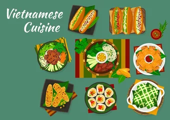Deurstickers Vietnamese food dishes of Asian cuisine with vector vegetable, meat and seafood sandwiches. Rice pork cake, beef noodle salad, grilled meatballs and corn cobs, rice chips and fried shrimp rolls © Vector Tradition
