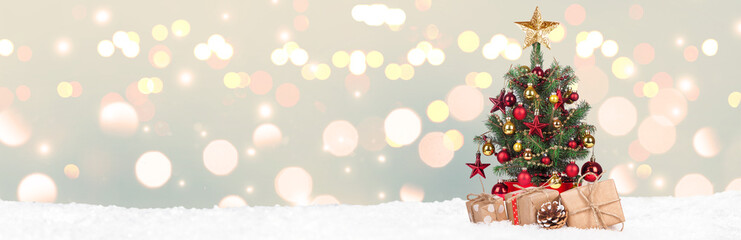 Christmas Tree with decoration on a winter background.