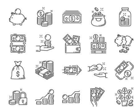 Cash money and coins icons, payment or credit and wallet exchange, business and savings, vector. Dollar money, cash currency and bank credit card symbols, financial pictograms of hand and salary
