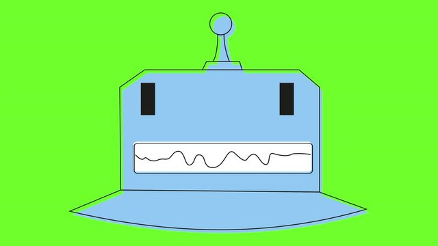 A simple cartoon robot talks on a green screen. Classic metal bot with a pulsating antenna, blinking eyes, and an opening mouth with a talking speaker. Looped animation of an iron talking head.