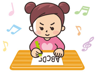 紙に英語の文字を書く女の子　アルファベット