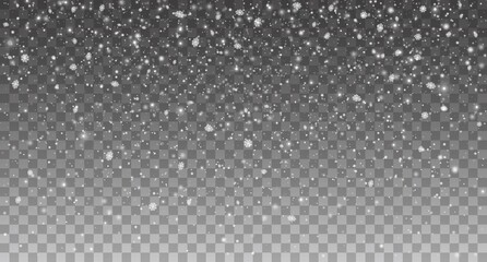 Winter snowfall or snowstorm, realistic Christmas falling snow on transparent background. White snowflakes with effect of cold ice flakes fall, Xmas and new year winter holiday snowfall overlay
