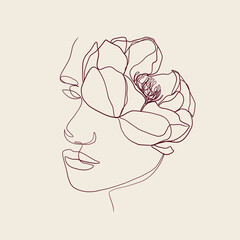 One continuous line portrait of woman with flower. Hand drawn linear face. Abstract minimalism style. Beauty and fashion. Vector decoration design for card, t-shirt, tattoo, poster. 