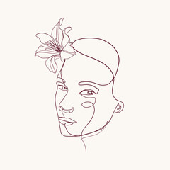 One continuous line portrait of woman with flower. Hand drawn linear face. Abstract minimalism style. Beauty and fashion. Vector decoration design for card, t-shirt, tattoo, poster. 