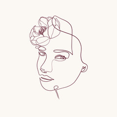 One continuous line portrait of woman with flower. Hand drawn linear face. Abstract minimalism style. Beauty and fashion. Vector decoration design for card, t-shirt, tattoo, poster. 