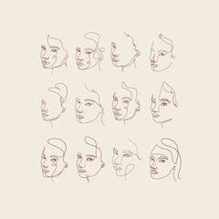 Set Of Linear Woman Portraits In One Line Continuous Style Drawing. Hand Drawn. Minimalism Faces. Beautiful Art. 
