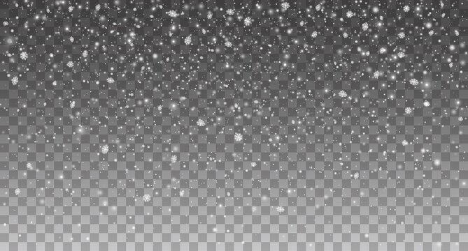 Winter snowfall or snowstorm, realistic Christmas falling snow on transparent background. White snowflakes with effect of cold ice flakes fall, Xmas and new year winter holiday snowfall overlay