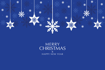 Obraz na płótnie Canvas Merry Christmas greeting card, design of xmas with snowflakes hanging on christmas blue background.