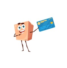 Delivery payment, cartoon package with credit card. Vector cardboard character, cute mail or post box personage, funny kawaii parcel mascot paying for order, warehouse logistics brown cargo pack