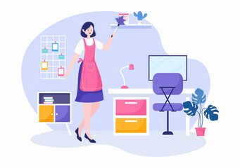 Cleaning Service flat Design Illustration. People Vacuum, Wipe the Dust and Sweeping Floor in the House for Background, Banner or Poster