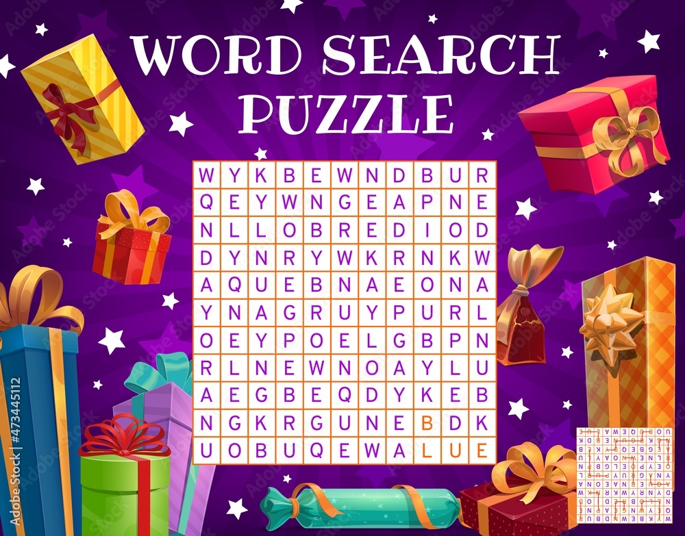 Aufkleber birthday and christmas holiday gifts and presents, vector word search puzzle game worksheet. kids qu