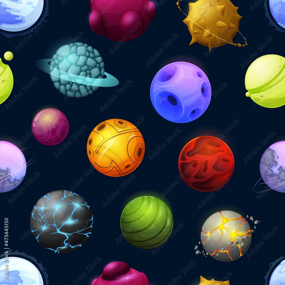 Poster galaxy space stars and alien planets vector seamless pattern background. cartoon futuristic planets 