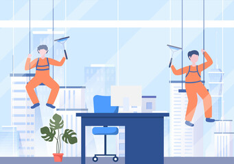 Cleaning Service Company flat Design Illustration. People Clean Wall Windows or Sweeping the Whole Room with a tool for Background, Banner and Poster