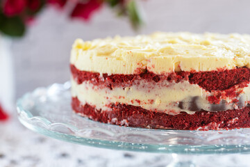 Red velvet cake, cake from red butter sponge cakes with cream cheese frosting,