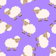 cute cartoon sheep on purple background seamless pattern vector illustration