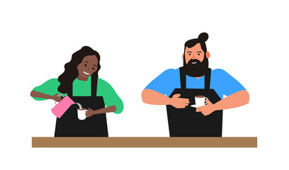 man and woman baristas making coffee pouring milk in to cup vector illustration