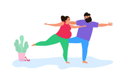 Fototapeta na wymiar pregnant woman and man doing yoga stretching exercise together vector illustration