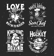 Tshirt prints with pierced heart, lobster in toque, angry cock and fish with hockey stick in mouth. Vector mascots for apparel design. Isolated labels with typography. Monochrome t shirt prints set © Vector Tradition