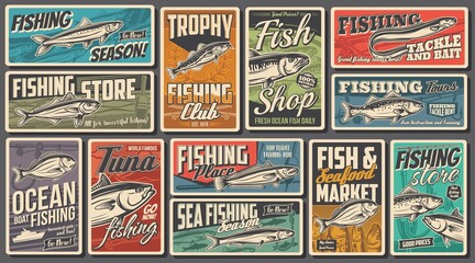 Ocean fishing club, seafood shop and market retro posters. Mackerel, sardine and tuna, codfish, hake and eel, gilt-head bream, fishhook and rod vector. Trophy fishing equipment store vintage banners